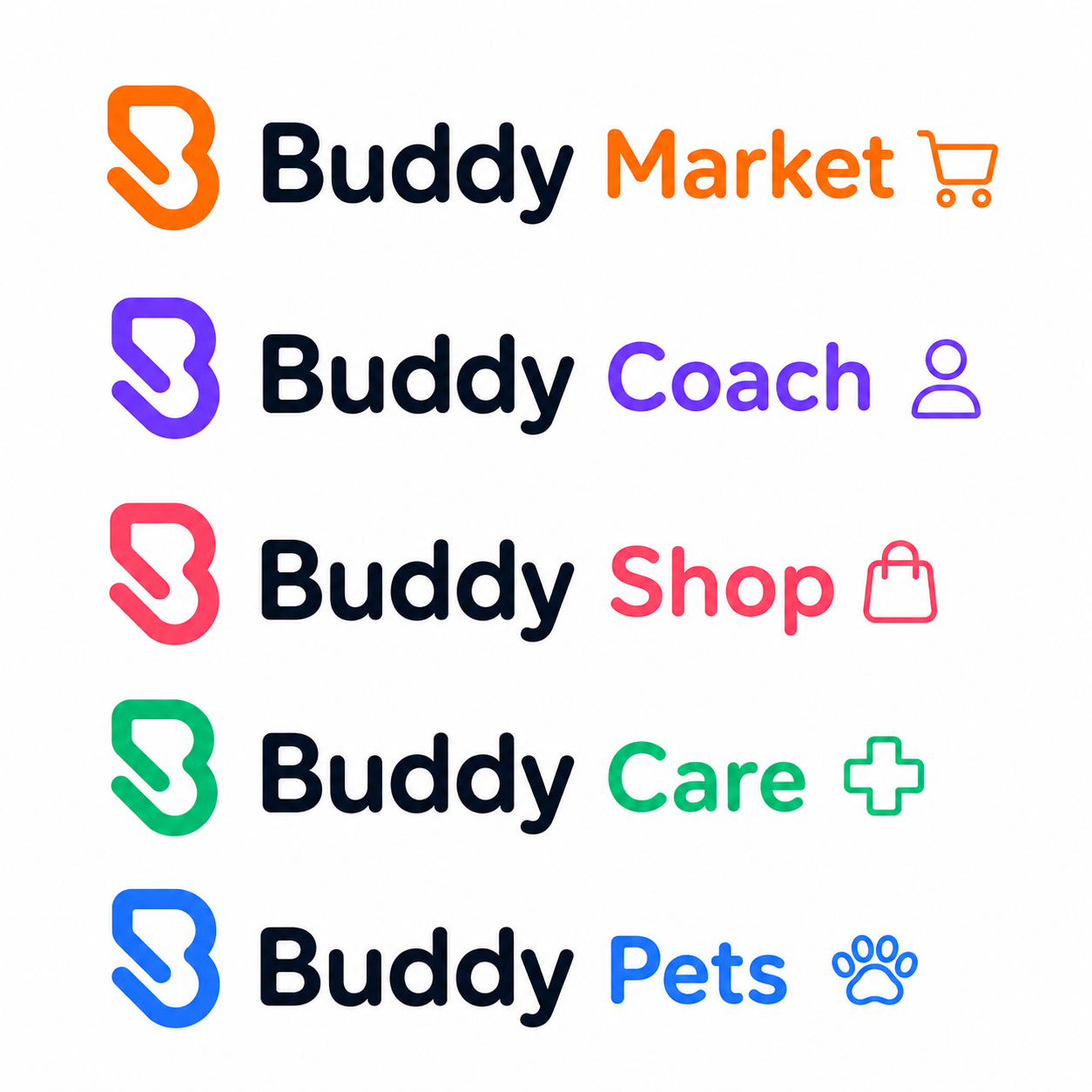 Módulos del ecosistema Buddy One: Buddy Market, Buddy Coach, Buddy Shop, Buddy Care, Buddy Pets